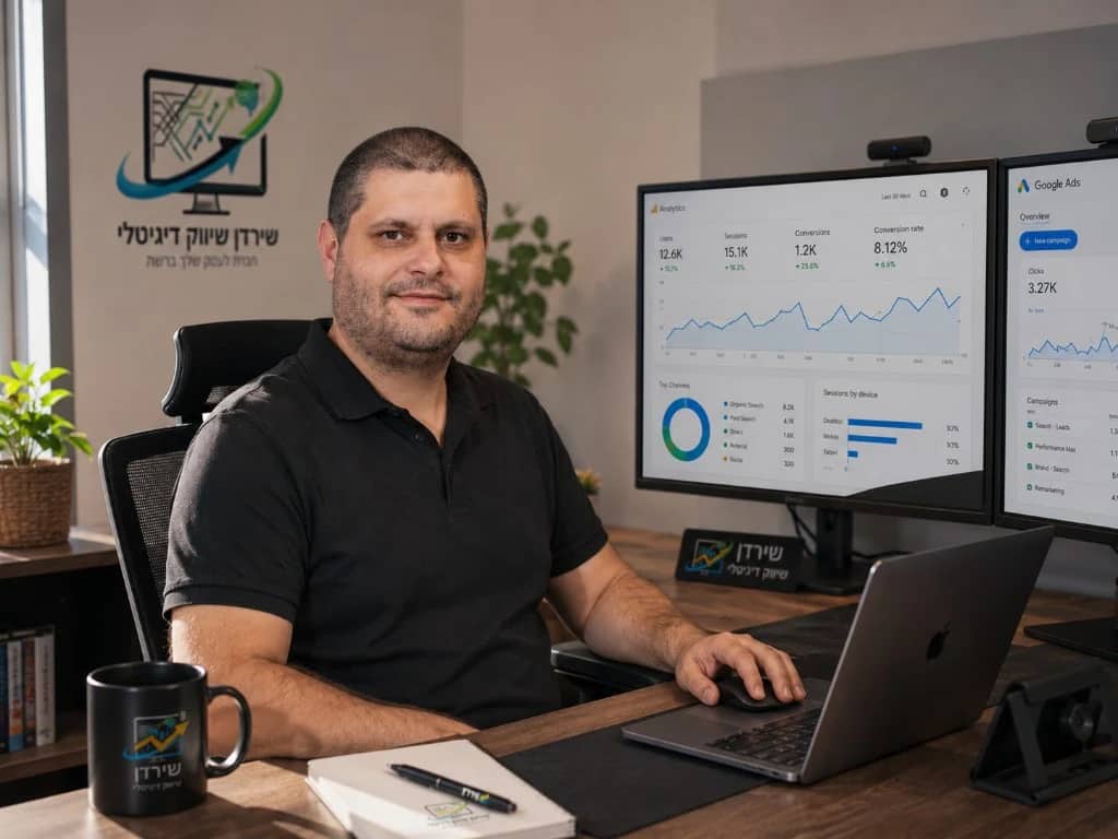 אסף, שירדן שיווק דיגיטלי - במשרד עם מסכי ניתוח נתונים