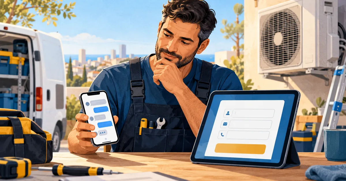 איור המחשה של טכנאי מזגנים המשווה בין שיחה בטלפון לבין טופס פנייה בטאבלט