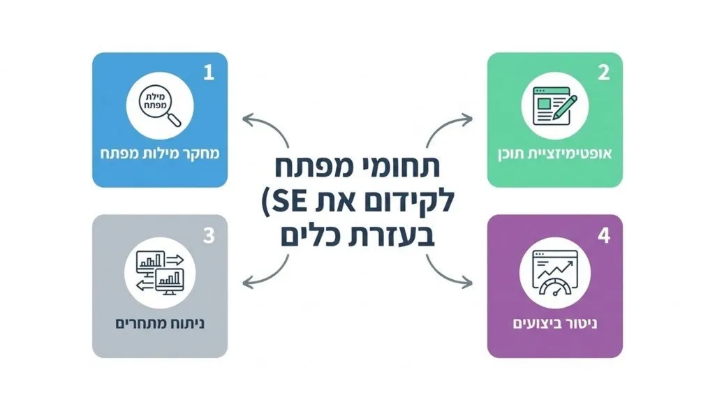 תחומי מפתח לקידום SEO בעזרת כלים - מחקר מילות מפתח, אופטימיזציית תוכן, ניתוח מתחרים, ניטור ביצועים